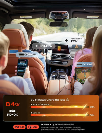 LISEN Retractable Car Charger, 84W Car Charger USB C Fast Charge, 4 in 1
