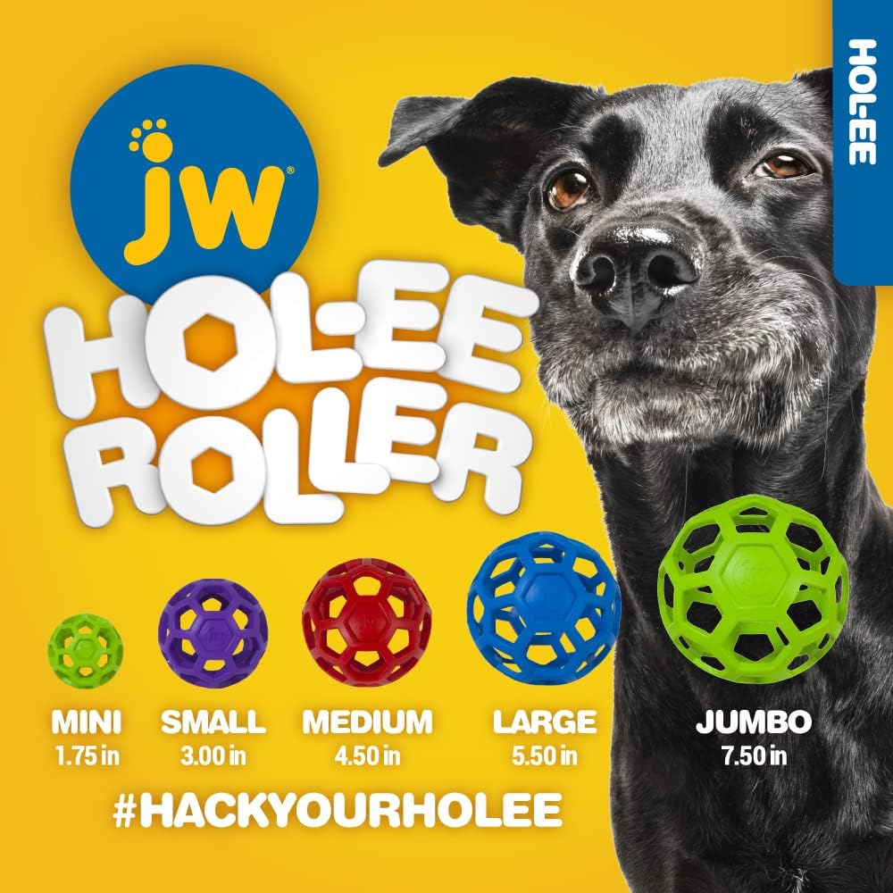 JW Pet Hol-ee Roller Dog Toy Puzzle Ball, Natural Rubber, Medium (4.5 Inch Diameter), Colors May Vary