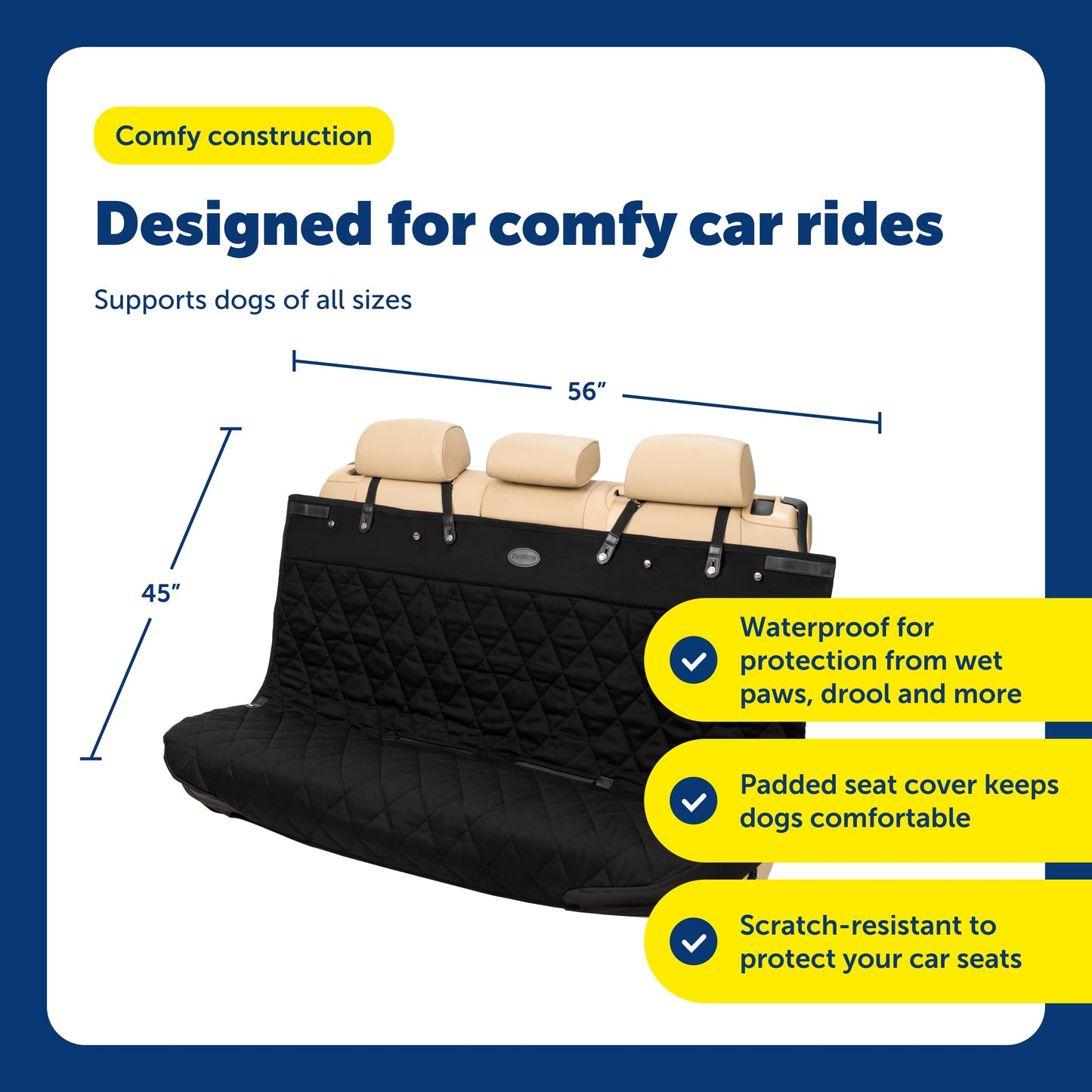PetSafe Happy Ride Quilted Dog Car Seat Cover, Hammock, Black | Dog Hammock Seat Cover for Car, Scratch-Resistant Quilted, 4 Adjustable Headrest Straps, Nonslip Backing, Machine Washable