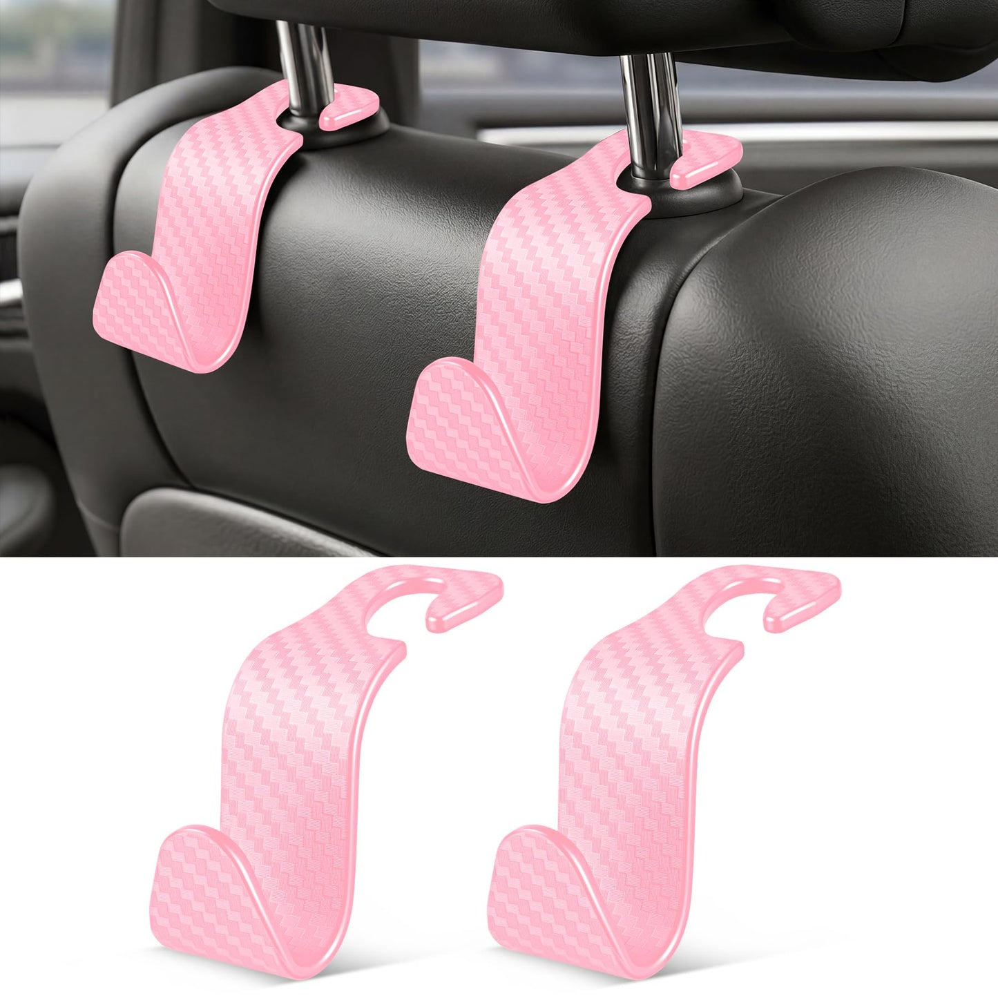 SINGARO Universal 4 Pack Car Seat Headrest Purse Hook, Carbon Fiber Back Seat Hook Storage Organizer Hanger for Purse Handbag Coat, Car Interior Accessories(Black)