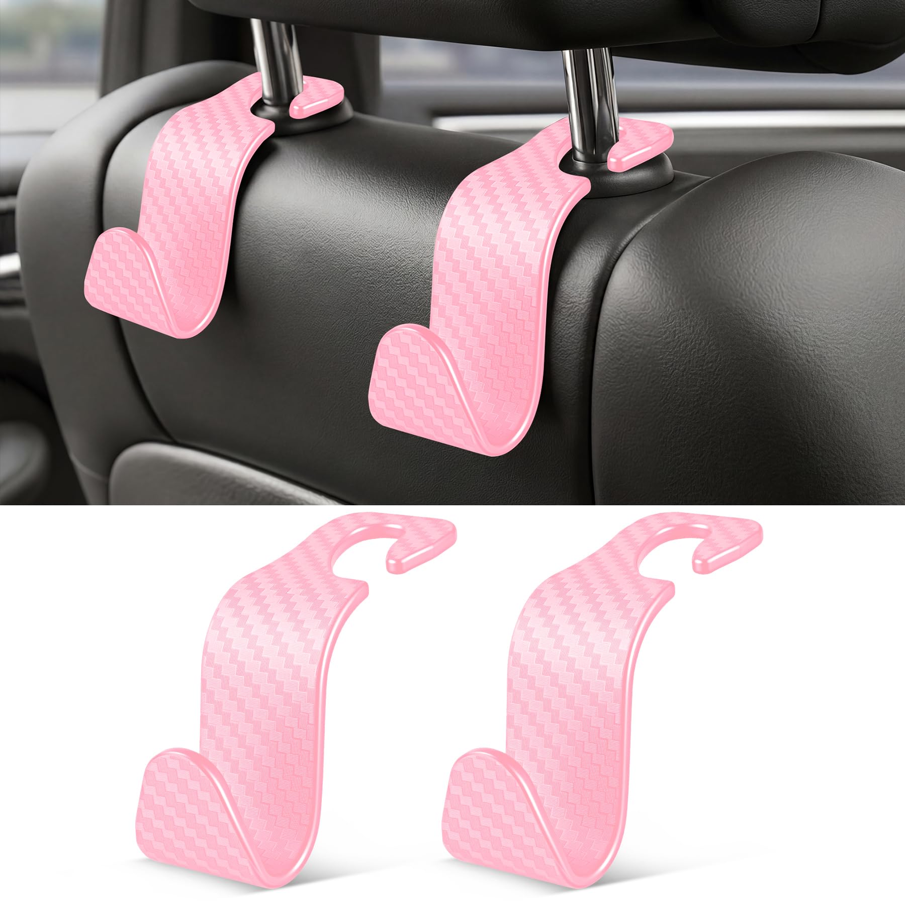 SINGARO Universal 4 Pack Car Seat Headrest Purse Hook, Carbon Fiber Back Seat Hook Storage Organizer Hanger for Purse Handbag Coat, Car Interior Accessories(Black)