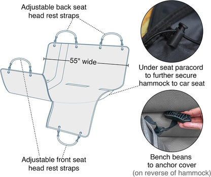 Kurgo Rover Hammock Seat Cover, Black, 55" Wide | Protects Seats from Muddy Paws & Pet Hair, Water & Stain Resistant, Secure Fit, Passenger-Friendly Opening, For Cars & SUVs