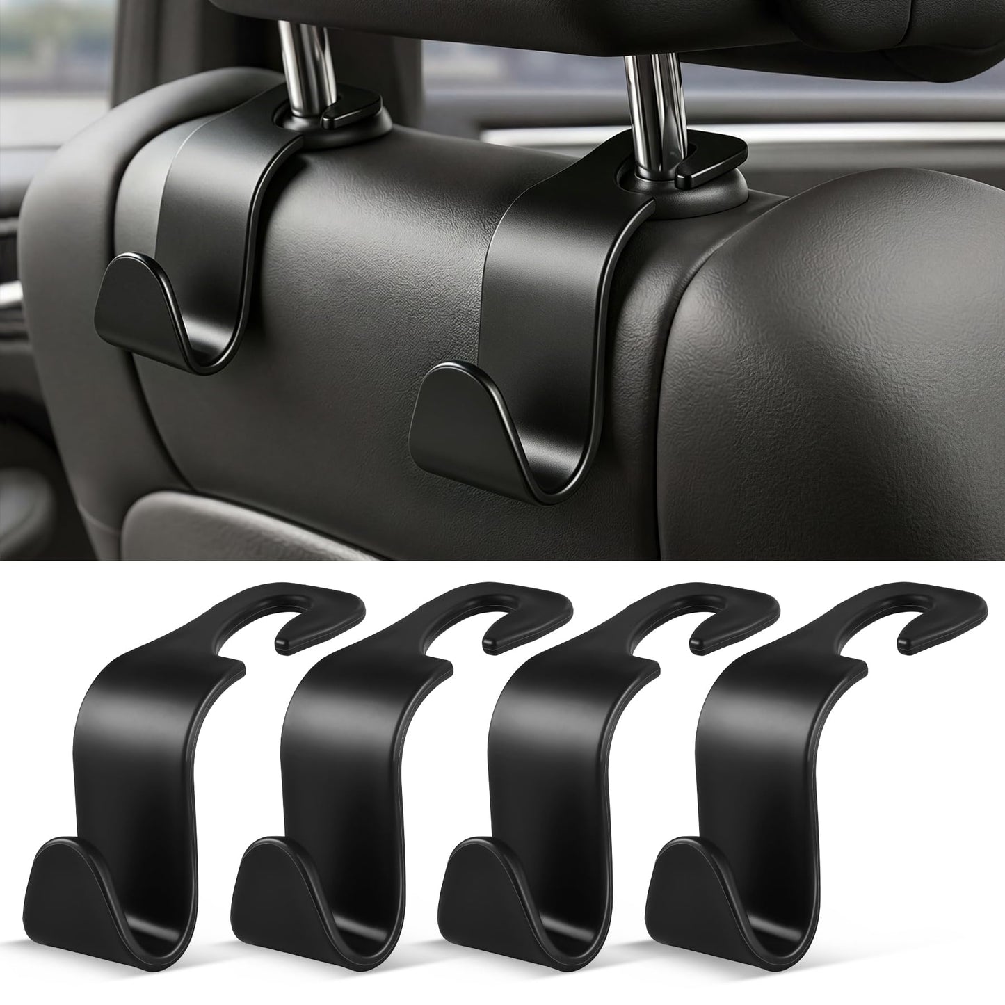 SINGARO Universal 4 Pack Car Seat Headrest Purse Hook, Carbon Fiber Back Seat Hook Storage Organizer Hanger for Purse Handbag Coat, Car Interior Accessories(Black)