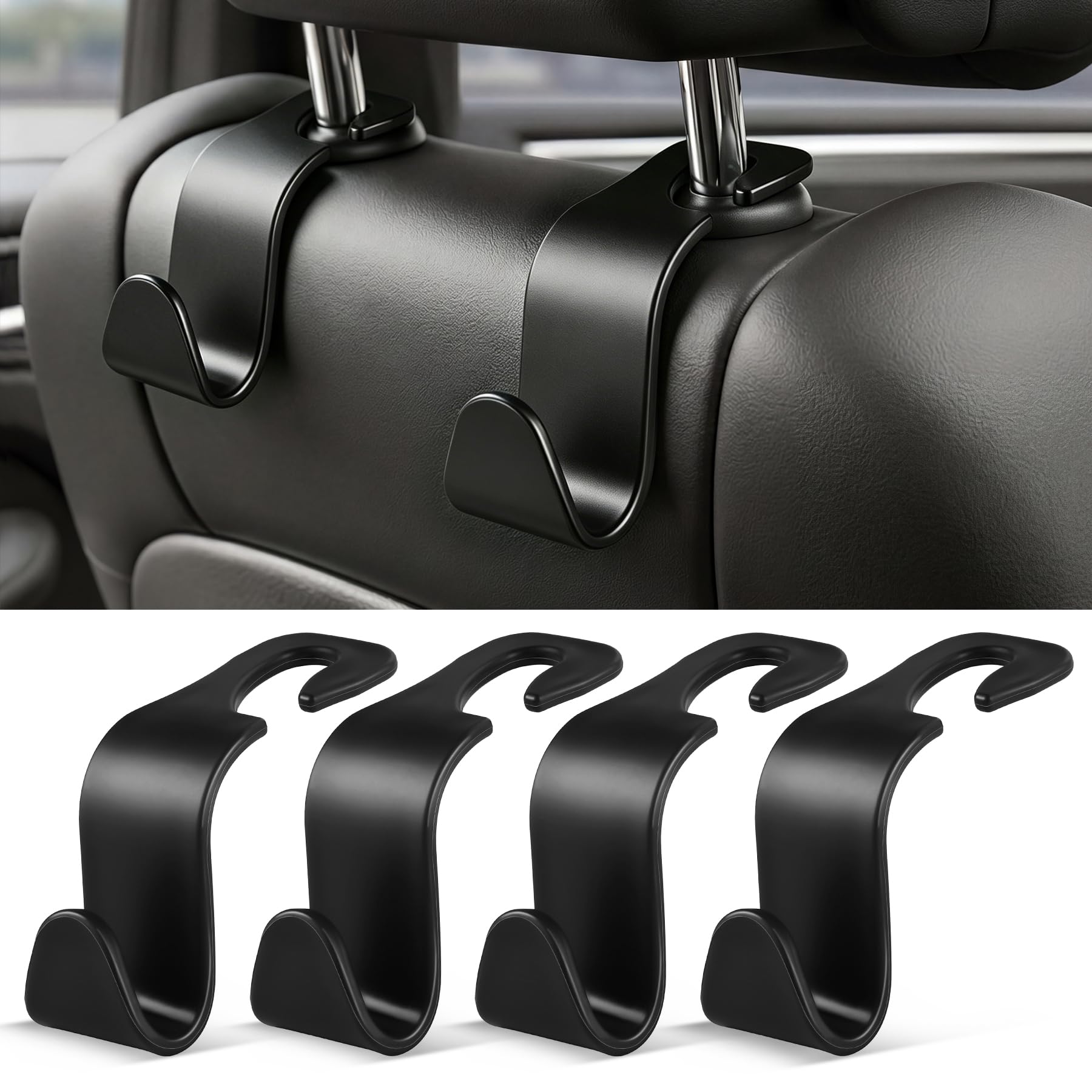SINGARO Universal 4 Pack Car Seat Headrest Purse Hook, Carbon Fiber Back Seat Hook Storage Organizer Hanger for Purse Handbag Coat, Car Interior Accessories(Black)