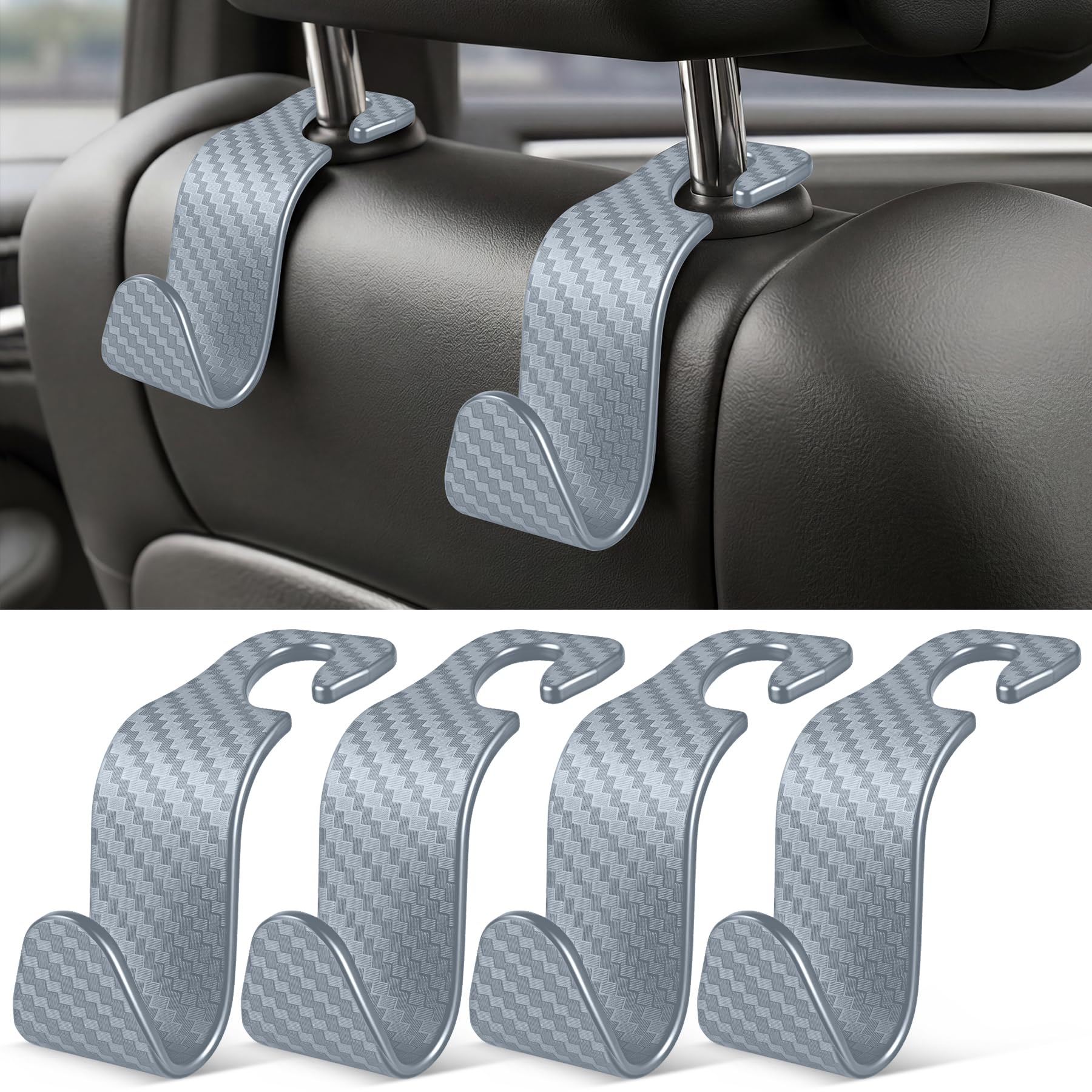 SINGARO Universal 4 Pack Car Seat Headrest Purse Hook, Carbon Fiber Back Seat Hook Storage Organizer Hanger for Purse Handbag Coat, Car Interior Accessories(Black)