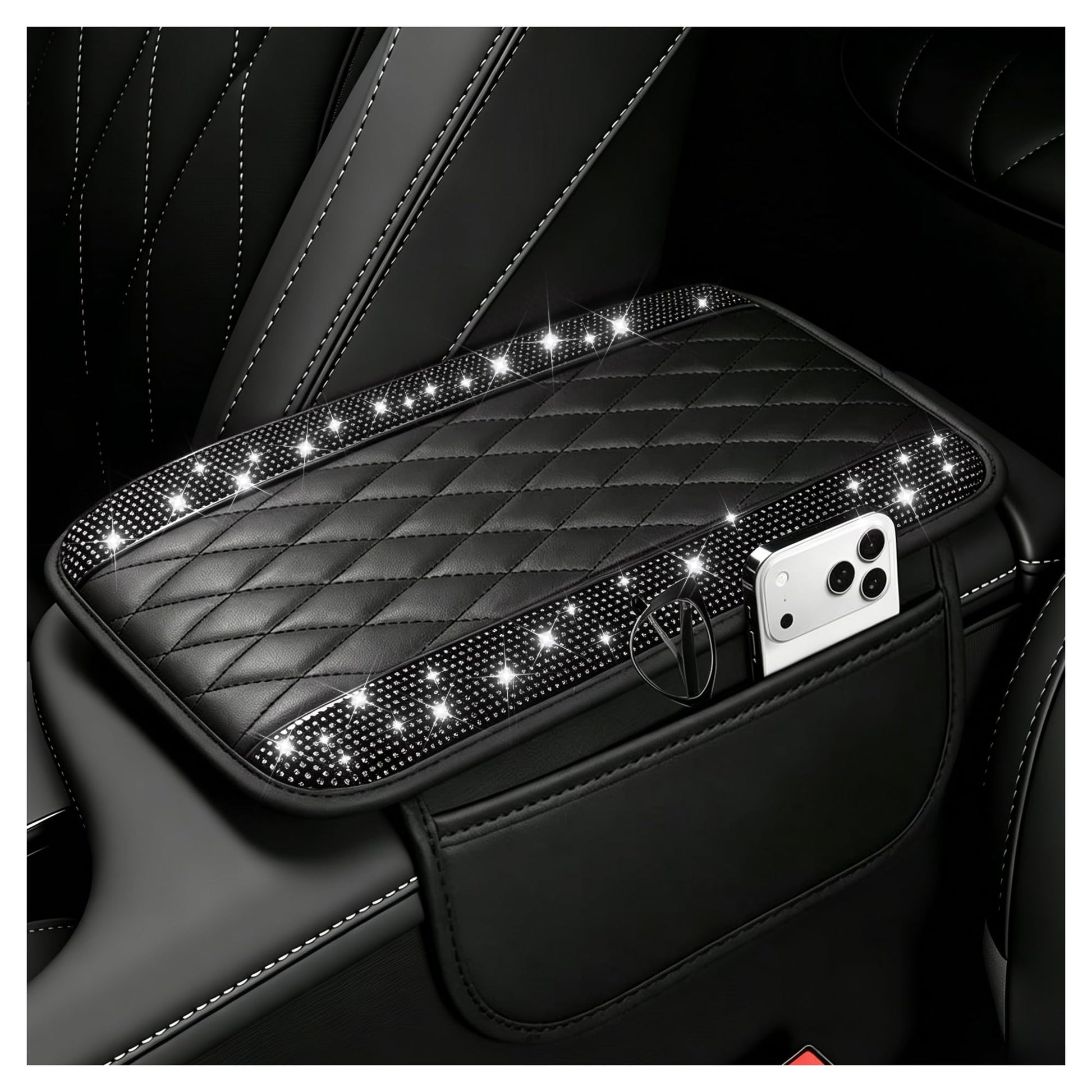 Stacool Upgraded Car Center Console Cover,Microfiber Leather Car Armrest Cover Cushion with 2 Storage Bags,Universal Car Armrest Storage Box (Black)