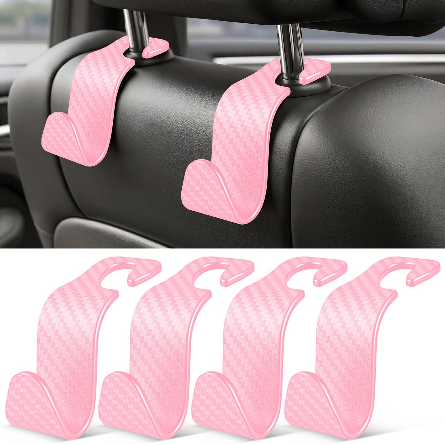 SINGARO Universal 4 Pack Car Seat Headrest Purse Hook, Carbon Fiber Back Seat Hook Storage Organizer Hanger for Purse Handbag Coat, Car Interior Accessories(Black)
