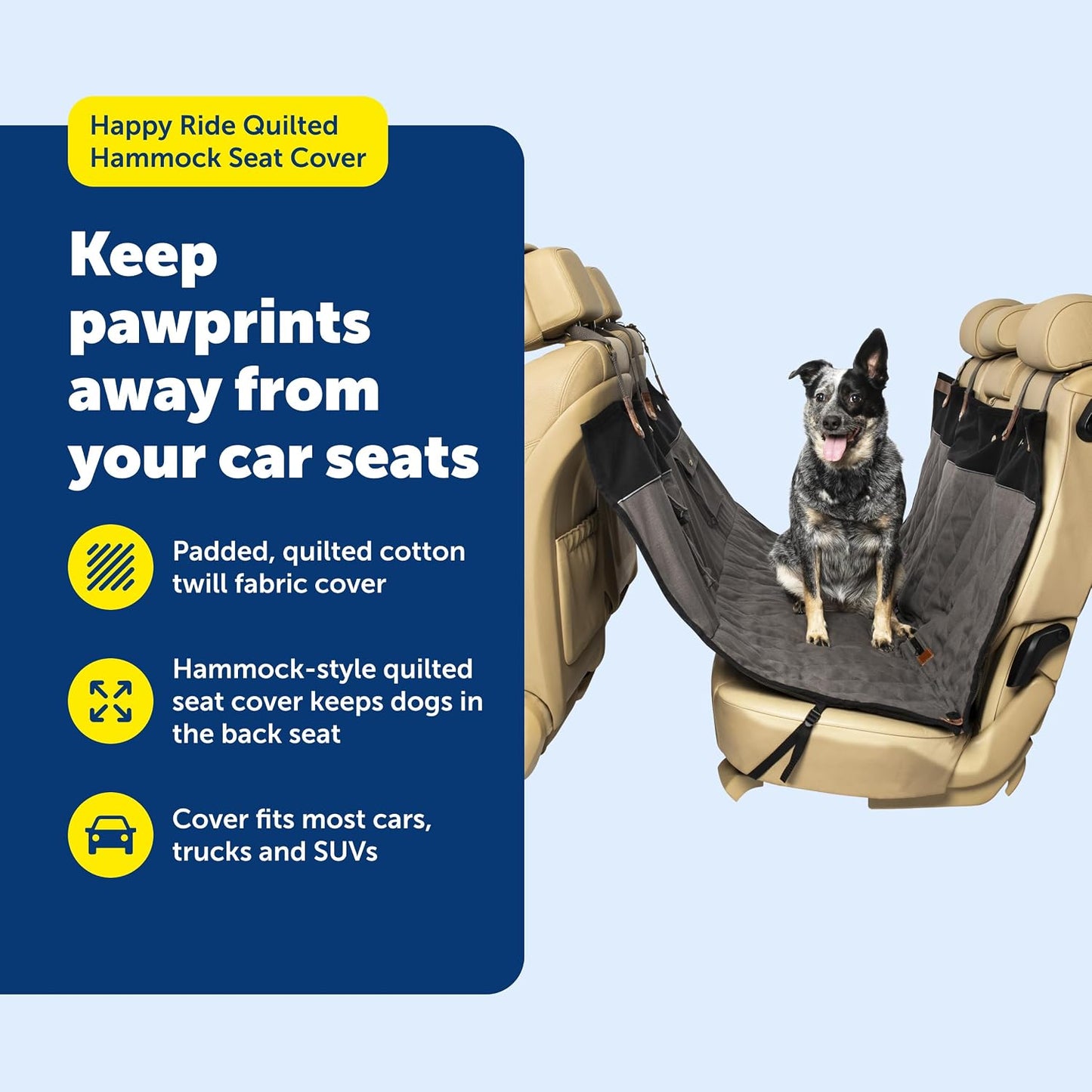 PetSafe Happy Ride Quilted Dog Car Seat Cover, Hammock, Black | Dog Hammock Seat Cover for Car, Scratch-Resistant Quilted, 4 Adjustable Headrest Straps, Nonslip Backing, Machine Washable