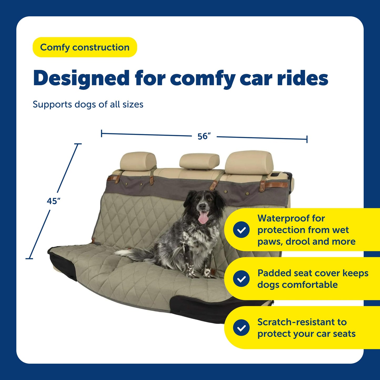 PetSafe Happy Ride Quilted Dog Car Seat Cover, Hammock, Black | Dog Hammock Seat Cover for Car, Scratch-Resistant Quilted, 4 Adjustable Headrest Straps, Nonslip Backing, Machine Washable