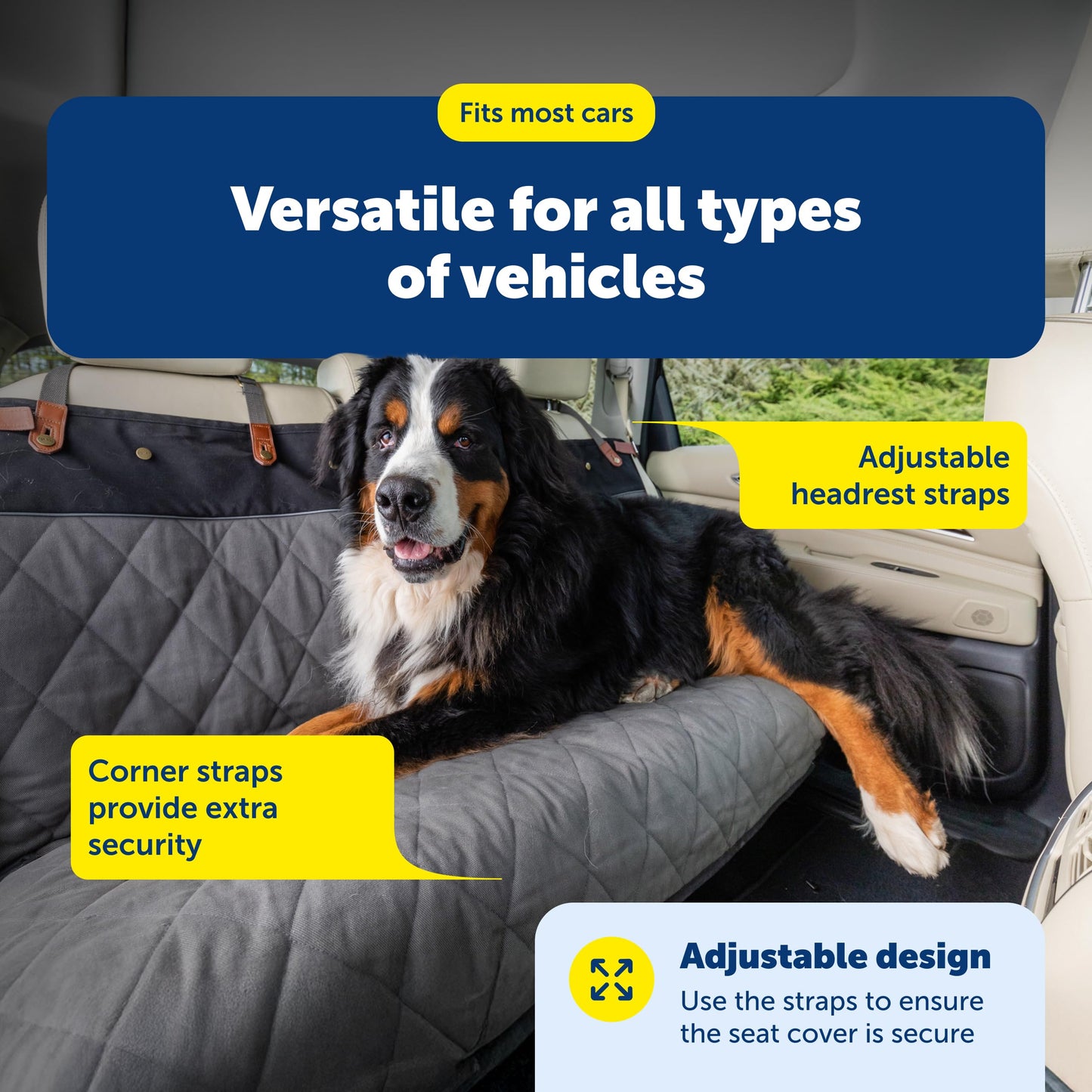 PetSafe Happy Ride Quilted Dog Car Seat Cover, Hammock, Black | Dog Hammock Seat Cover for Car, Scratch-Resistant Quilted, 4 Adjustable Headrest Straps, Nonslip Backing, Machine Washable