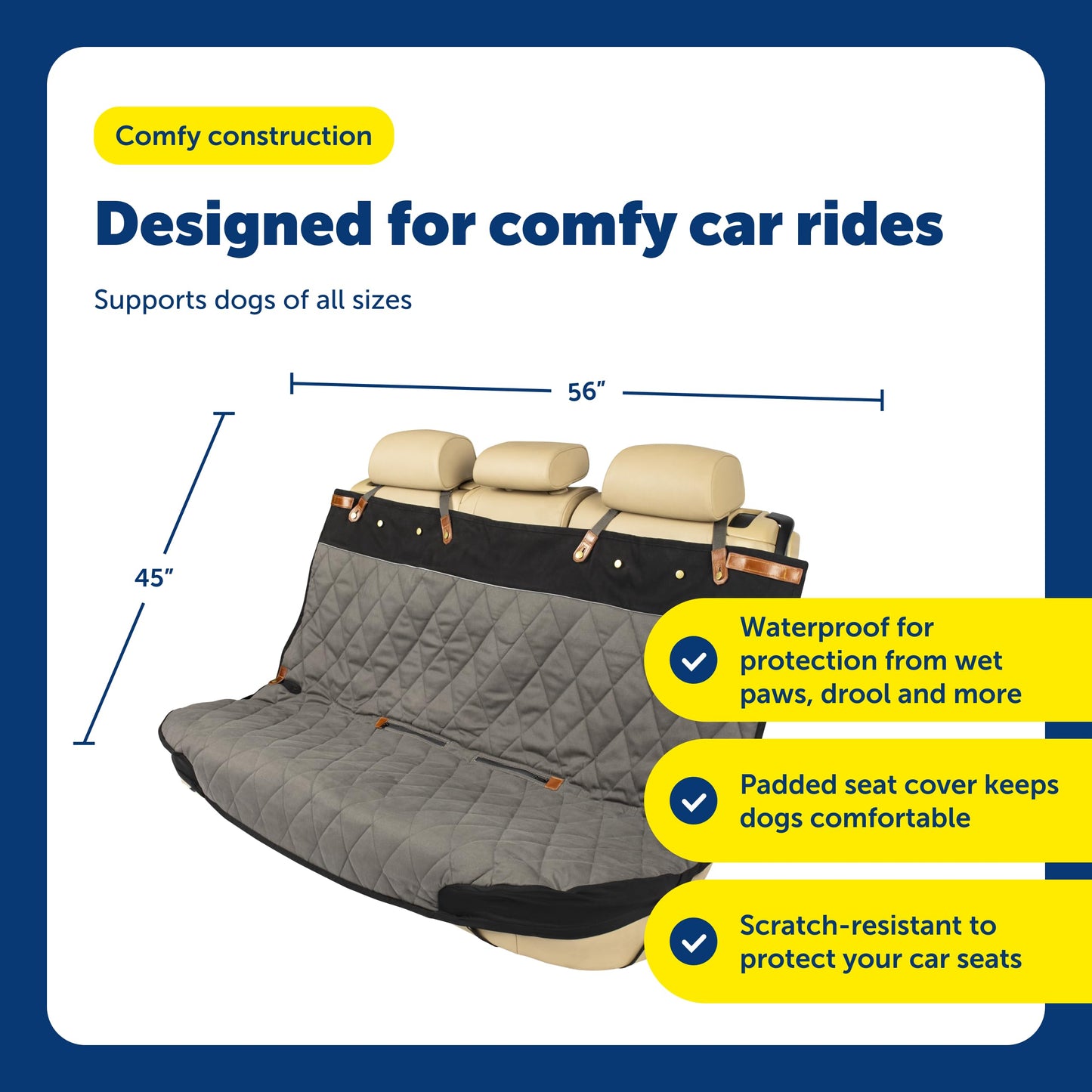 PetSafe Happy Ride Quilted Dog Car Seat Cover, Hammock, Black | Dog Hammock Seat Cover for Car, Scratch-Resistant Quilted, 4 Adjustable Headrest Straps, Nonslip Backing, Machine Washable
