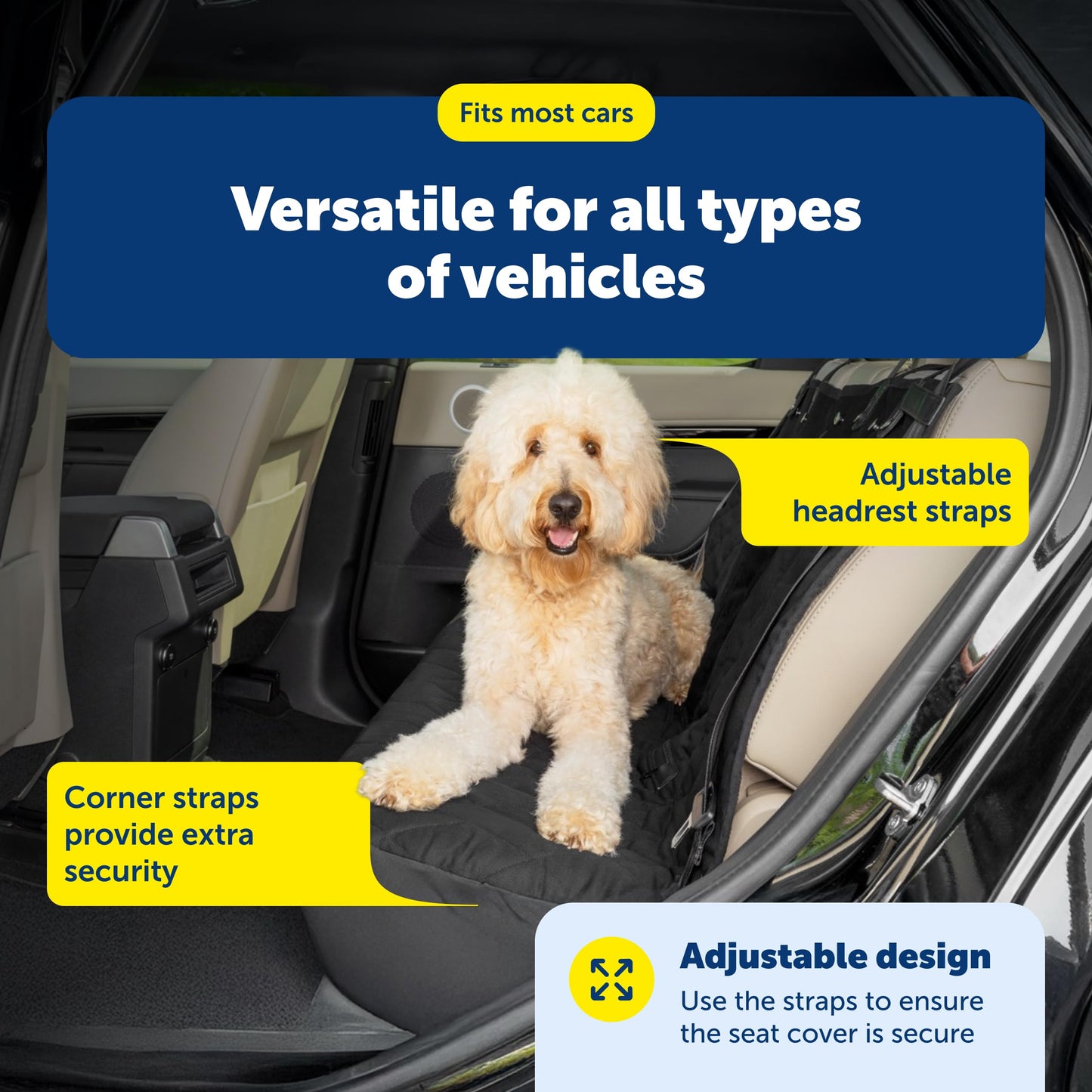 PetSafe Happy Ride Quilted Dog Car Seat Cover, Hammock, Black | Dog Hammock Seat Cover for Car, Scratch-Resistant Quilted, 4 Adjustable Headrest Straps, Nonslip Backing, Machine Washable