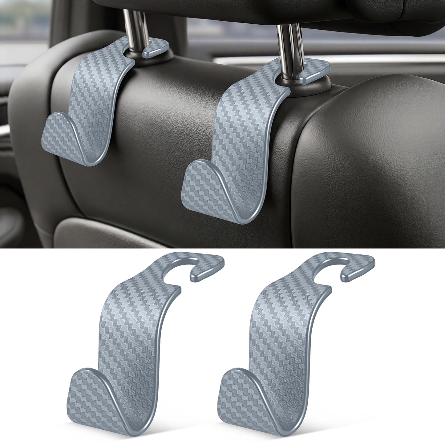 SINGARO Universal 4 Pack Car Seat Headrest Purse Hook, Carbon Fiber Back Seat Hook Storage Organizer Hanger for Purse Handbag Coat, Car Interior Accessories(Black)