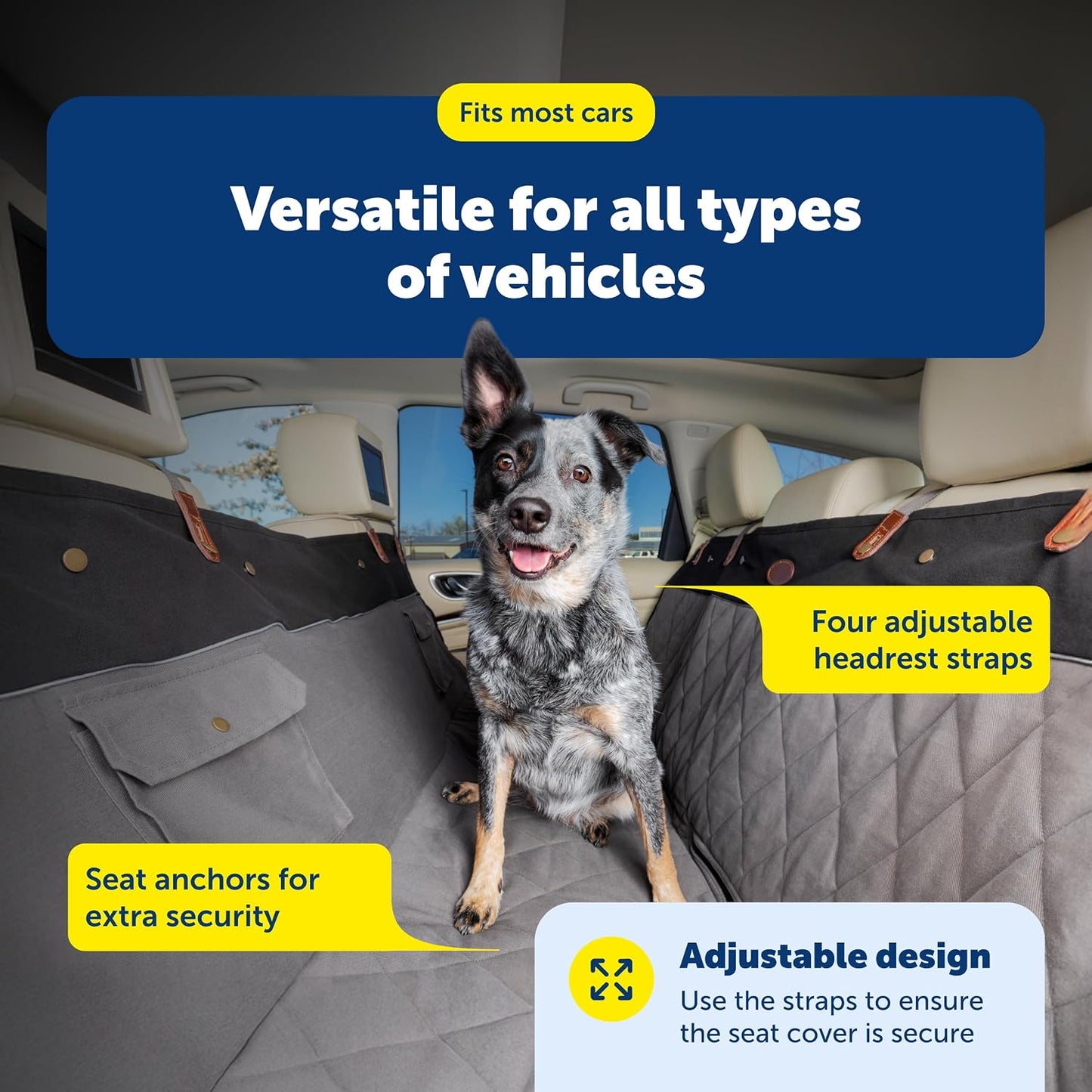 PetSafe Happy Ride Quilted Dog Car Seat Cover, Hammock, Black | Dog Hammock Seat Cover for Car, Scratch-Resistant Quilted, 4 Adjustable Headrest Straps, Nonslip Backing, Machine Washable