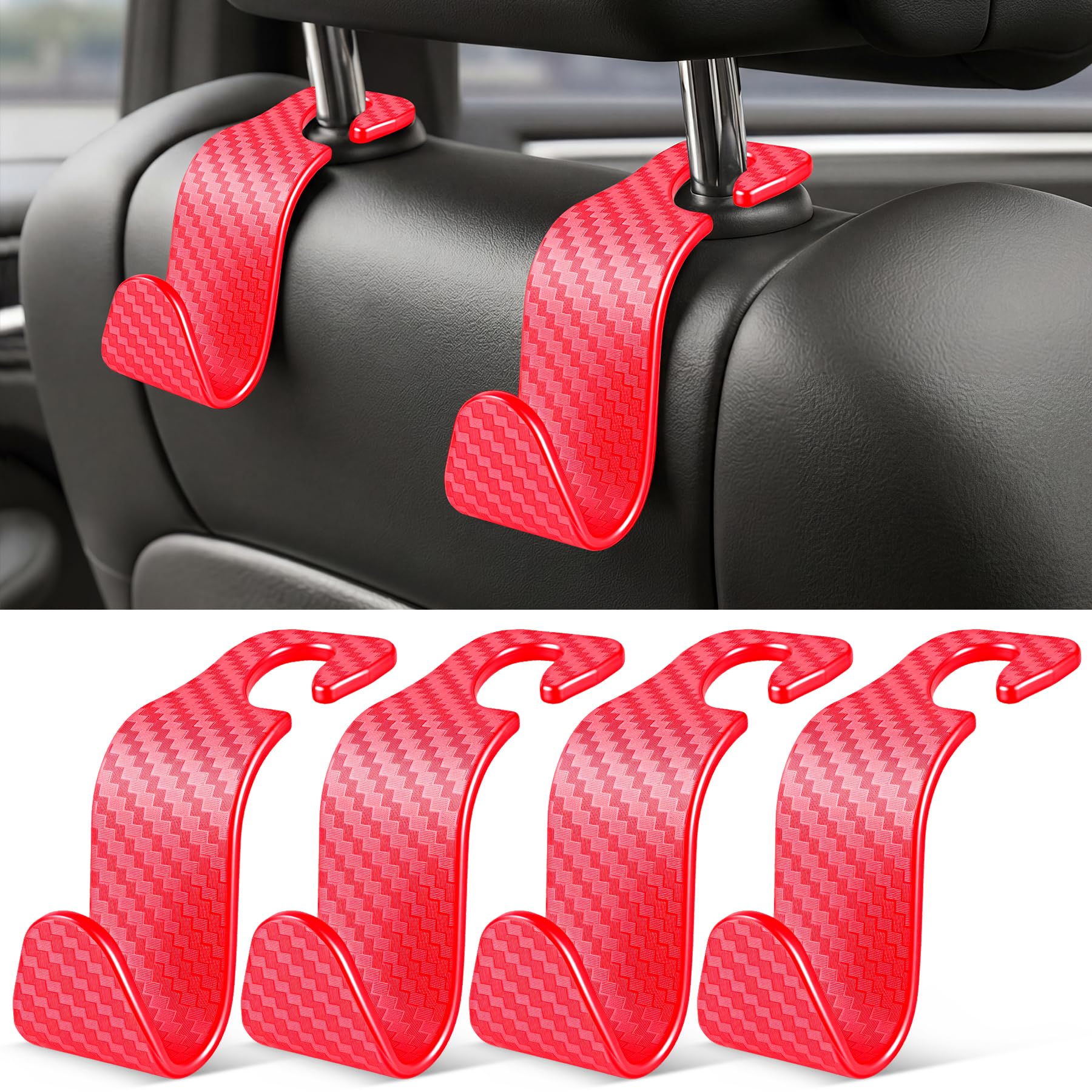 SINGARO Universal 4 Pack Car Seat Headrest Purse Hook, Carbon Fiber Back Seat Hook Storage Organizer Hanger for Purse Handbag Coat, Car Interior Accessories(Black)