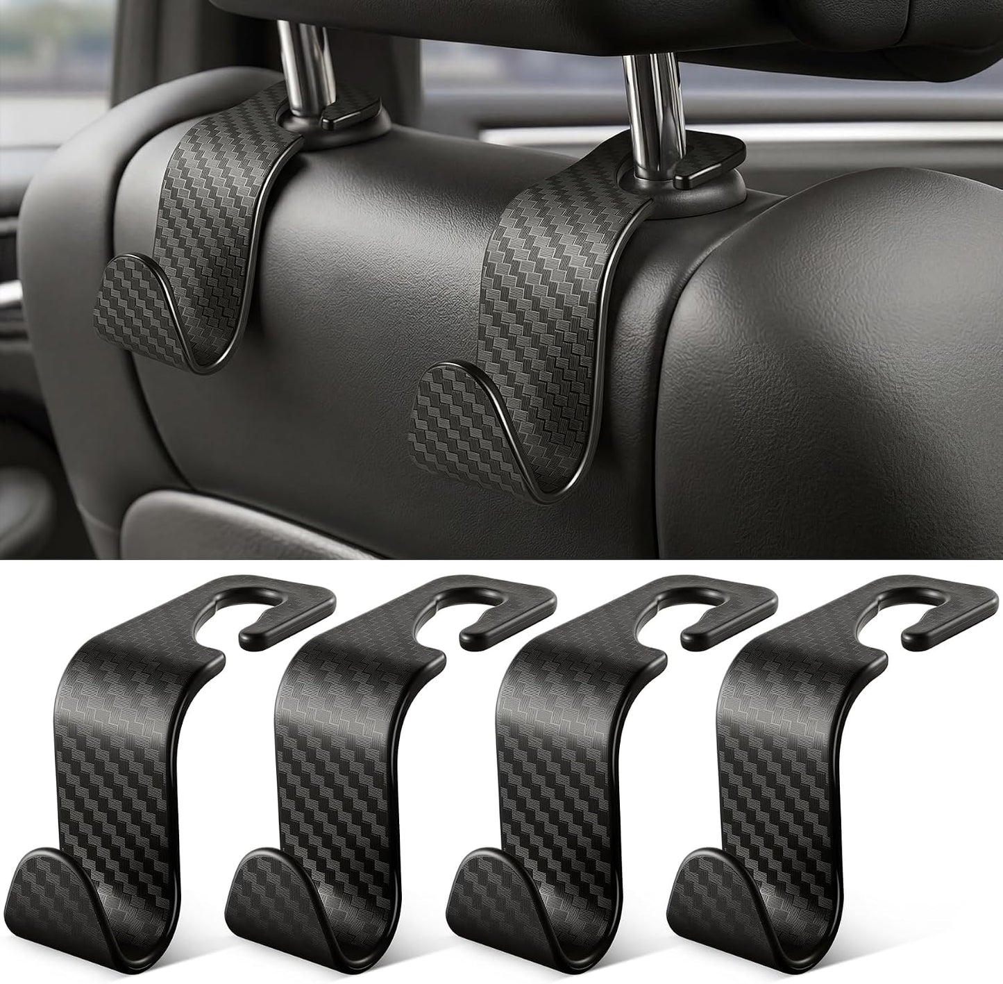 SINGARO Universal 4 Pack Car Seat Headrest Purse Hook, Carbon Fiber Back Seat Hook Storage Organizer Hanger for Purse Handbag Coat, Car Interior Accessories(Black)
