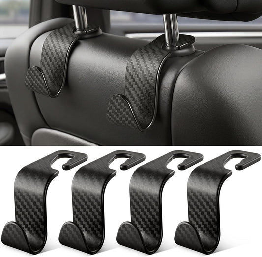 SINGARO Universal 4 Pack Car Seat Headrest Purse Hook, Carbon Fiber Back Seat Hook Storage Organizer Hanger for Purse Handbag Coat, Car Interior Accessories(Black)