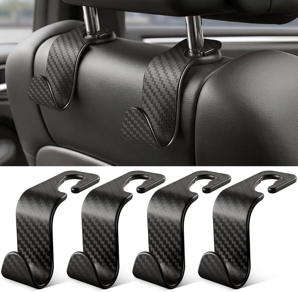 SINGARO Universal 4 Pack Car Seat Headrest Purse Hook, Carbon Fiber Back Seat Hook Storage Organizer Hanger for Purse Handbag Coat, Car Interior Accessories(Black)