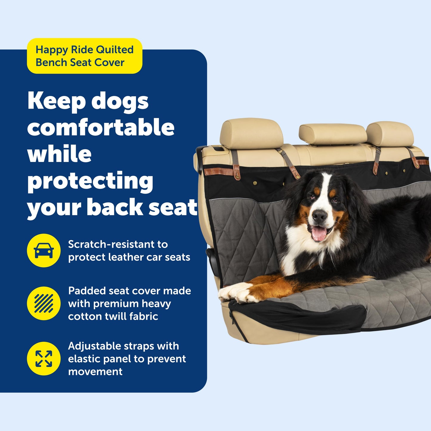 PetSafe Happy Ride Quilted Dog Car Seat Cover, Hammock, Black | Dog Hammock Seat Cover for Car, Scratch-Resistant Quilted, 4 Adjustable Headrest Straps, Nonslip Backing, Machine Washable