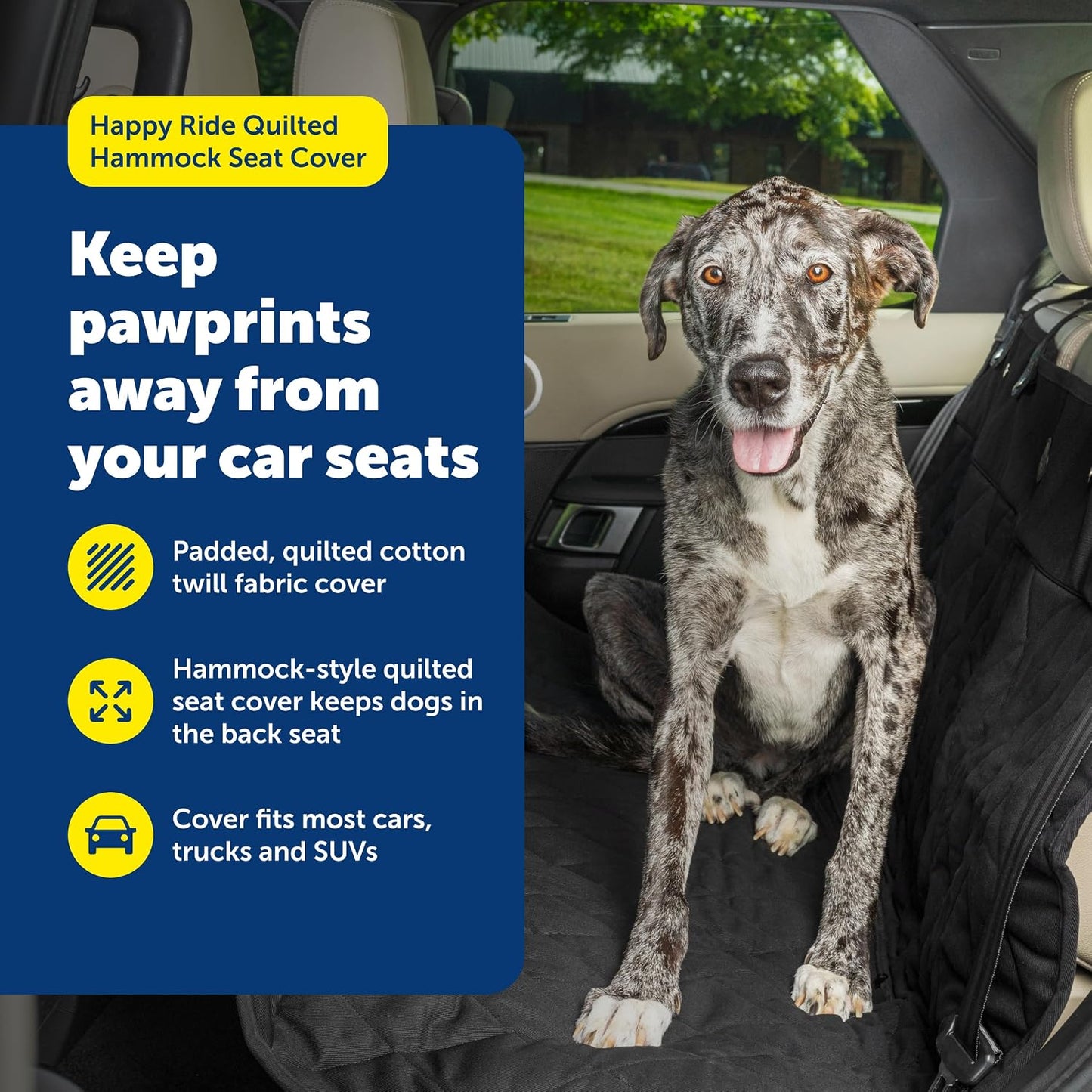 PetSafe Happy Ride Quilted Dog Car Seat Cover, Hammock, Black | Dog Hammock Seat Cover for Car, Scratch-Resistant Quilted, 4 Adjustable Headrest Straps, Nonslip Backing, Machine Washable