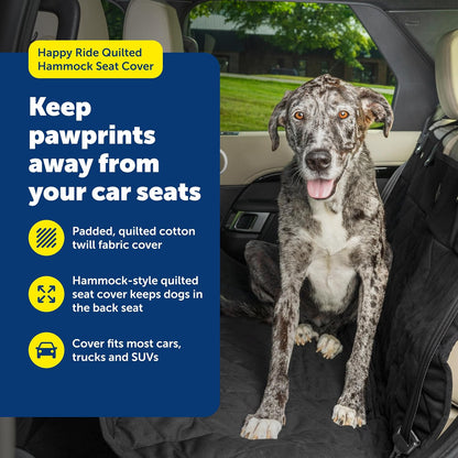 PetSafe Happy Ride Quilted Dog Car Seat Cover, Hammock, Black | Dog Hammock Seat Cover for Car, Scratch-Resistant Quilted, 4 Adjustable Headrest Straps, Nonslip Backing, Machine Washable