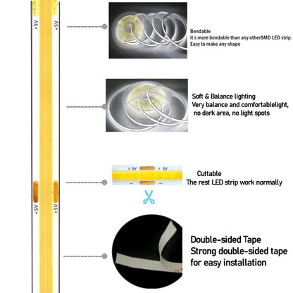 Touch Dimmable 5V USB COB LED Strip Light 5m