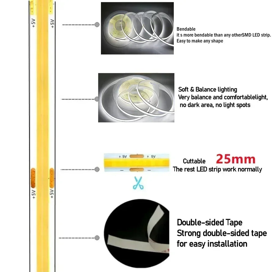 Touch Dimmable 5V USB COB LED Strip Light 5m
