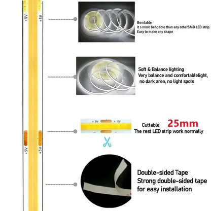 Touch Dimmable 5V USB COB LED Strip Light 5m