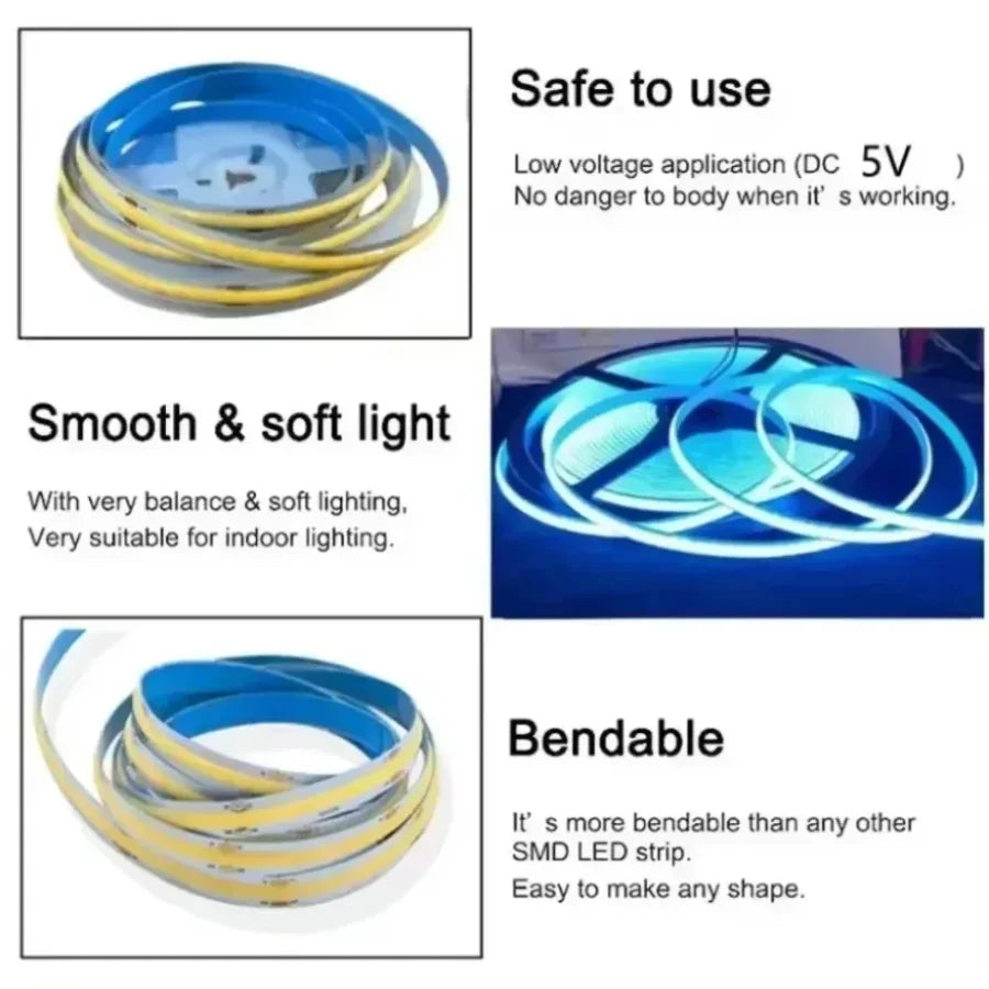 Touch Dimmable 5V USB COB LED Strip Light 5m
