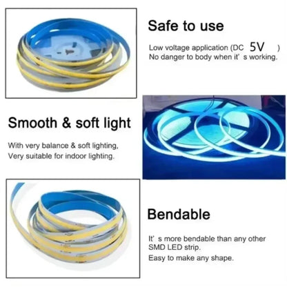 Touch Dimmable 5V USB COB LED Strip Light 5m